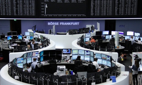 Traders at the Frankfurt stock exchange today. Photo: Reuters.