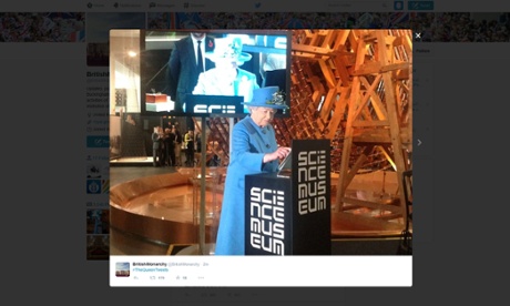 Queen Elizabeth II sends the first royal tweet under her own name to declare a new Science Museum gallery.