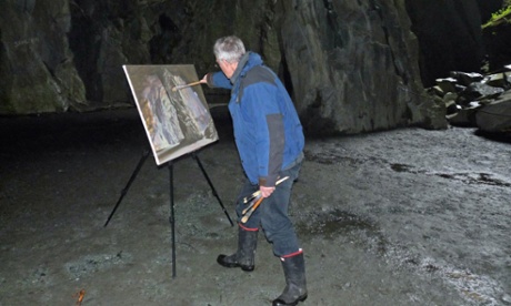 Lakeland artist Julian Heaton Cooper paints in Tillberthwaite quarries, Little Langdale.