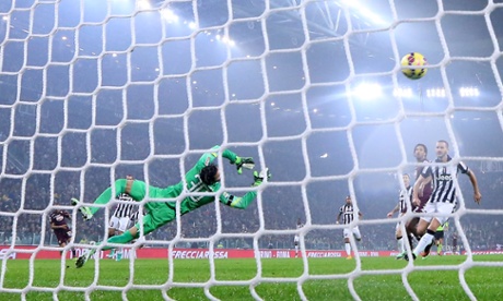 Torino's Brazilian defender Bruno Peres scores during the Serie A match against Juventus at Juventus Stadium.