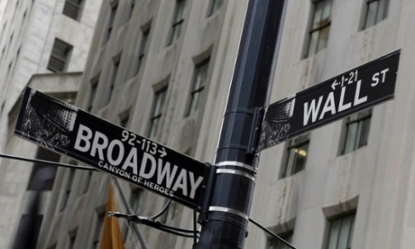 The corner of Broadway and Wall Street, in New York's Financial District.