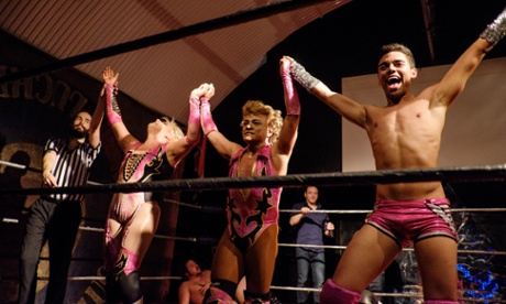 Cassandro and teammates celebrate victory. Photograph: Frantzesco Kangaris for the Guardian