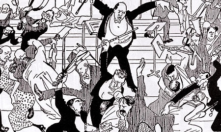 A contemporary newspaper cartoon caricaturing the ‘Scandalkonzert’ April 1913 riot.