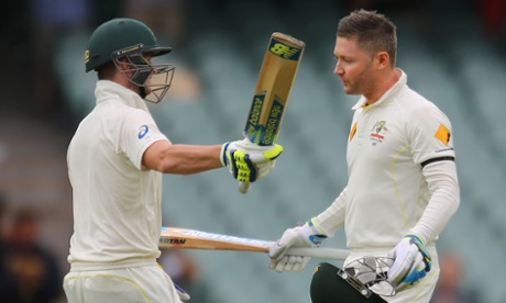 ADELAIDE, AUSTRALIA - DECEMBER 10:  Michael Clarke of Australia is congratulated by Steven Smith as he reaches his century during day two of the First Test match between Australia and India at Adelaide Oval on December 10, 2014 in Adelaide, Australia.  (Photo by Scott Barbour/Getty Images)CricketSteve