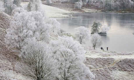 Hoare frost on vegetation and a frozen Tarn Hows in the Lake District Cumbria 