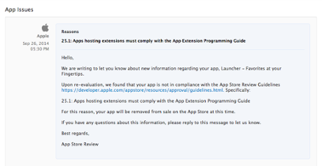 Apple's non-compliance notice for Launcher.