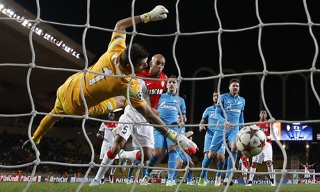 Aymen Abdennour scores Monaco's first goal in their win over Zenit.