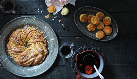 A clementine and pine nut couronne (left) and cheese and chive scone bites.