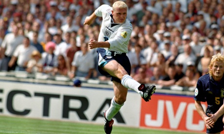 Paul Gascoigne scores for England at Euro 96 in spectacular style as Scotland's Colin Hendry can only look on