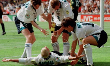 Paul Gascoigne's England team-mates mark his goal against Scotland with the famous dentist-chair celebration