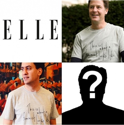 Nick Clegg and Ed Miliband wear This Is What a Feminist Looks Like T-shirts, while Elle left a vacant space for David Cameron on its website. 