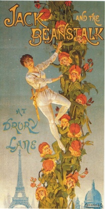 A poster elegantly promotes Jack and the Beanstalk at Drury Lane in 1889 