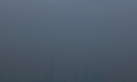 Industrial pollution from Europe and dust from the Sahara region creates a layer of smog over the City of London. Barely visible through the poplluted air, the buildings seem to disappear into the poor air quality. Here the city is virtually invisible from Crystal Palace on 2 April 2014.