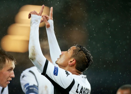 FK Krasnodar’s Ricardo Laborde celebrates the opener, a neat finish past Everton keeper Robles.