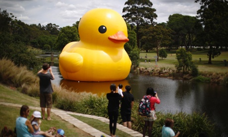 The giant inflatable Rubber Duck installation by Dutch artist Florentijn Hofman floats on the Parramatta River, as part of the 2014 Sydney Festival, in Western Sydney, January 10, 2014