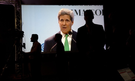 John Kerry giving his speech at the Lima conference.