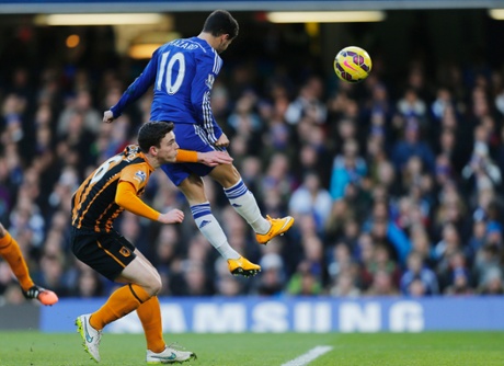 There's not much of a challenge from the Hull defence as Eden Hazard leaps to power a header home and open the scoring.