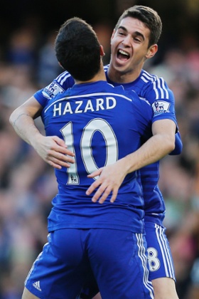 Oscar is very happy that Chelsea have taken the lead