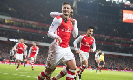 Olivier Giroud celebrates scoring for Arsenal 3-0 with Danny Welbeck Arsenal v Newcastle Utd Premier League - Emirates Stadium Picture : Mark Pain 13/12/2014 Arsenal v Newcastle, Barclays Premier League, Emirates Stadium, London - 13 Dec 2014 ARSENALVNEWCASTLEBARCLAYSPREMIERLEAGUEEMIRATESSTADIUMLONDON13DEC2014OLIVIERGIROUDCELEBRATESSCORINGFOR30WITHDANNYWELBECKUTDPICTUREMARKPAIN13/12/201426383456