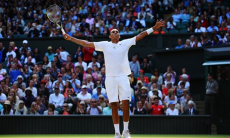 Nick Kyrgios celebrates after defeating Rafael Nadal on day eight of Wimbledon.