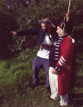 Artist Daniel Boyd and curator Djon Mundine in costume as part of a Bungaree artist workshop at Middle Head.