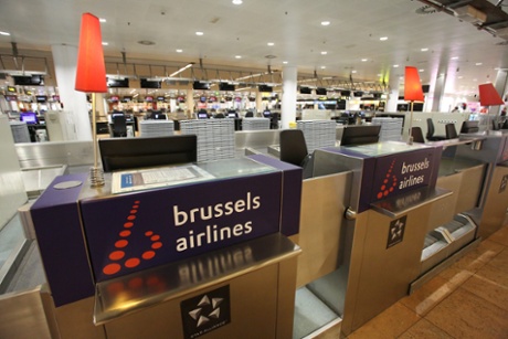 Empty check-in counters of the Brussels Airlines at Brussels airport.