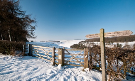 Snowy escape: the Wolds Way signposted just outside Huggate in East Riding.