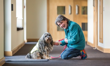 Marion Janner, founder of Star Wards, and her dog Buddy at Harrison House, a mental health treatment facility in Grimsby. Marion takes Buddy to interact with patients on the wards and advocates the use of comedy.