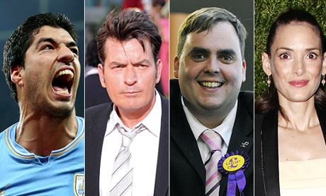 Excuses, excuses: Luis Suarez, Charlie Sheen, Kerry Smith and Winona Ryder.