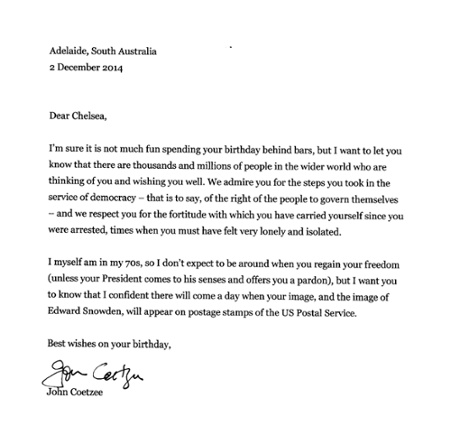 Click to see JM Coetzee's letter.