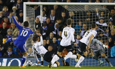 With pinpoint precision Eden Hazard squeezes his shot just inside the upright.