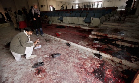 A view of the blood stained auditorium of Army Public School that was attacked by the Taliban militants in Peshawar.