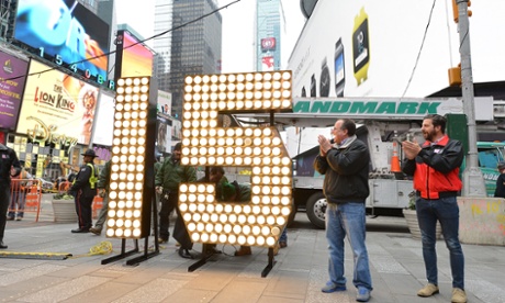 Jeffrey Straus, President of Countdown Entertainment and Tim Tompkins, President of the Times Square Alliance co-organizers of Times Square 2015 attend New Year's Eve numerals arrivals in Times Square prior to installation. December 16, 2014 in New York City.