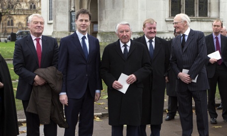 Paddy Ashdown, Nick Clegg, David Steel, Charles Kennedy and Menzies Campbell at the funeral of former Liberal Party party leader Jeremy Thorpe at Saint Margaret's Church, Westminster, on Tuesday