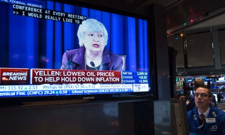 Trader's at the New York Stock Exchange last night watching Fed chair Janet Yellen's press conference. Photo: Reuters/Brendan McDermid