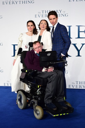 Felicity Jones, Professor Stephen Hawking, Jane Hawking and Eddie Redmayne at the premiere of The Theory of Everything.