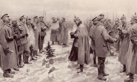 The Christmas truce, 1914: German and British troops fraternising on the western front. Illustration