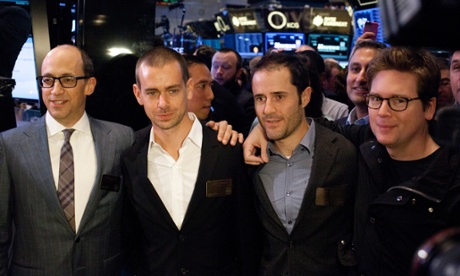 07 Nov 2013, Manhattan, New York City, New York State, USA --- Richard Costolo, chief executive officer of Twitter Inc. and Twitter co-founders Jack Dorsey, Evan Williams and Biz Stone await the opening of Twitter Inc.'s (TWTR) initial public offering (IPO) on the floor of the New York Stock Exchange (NYSE) in New York City. Twitter Inc. sold 70 million shares at $26 during their initial public offering while opening up 73% on the New York Stock Exchange to $45.10.   LAN --- Image by   LAN/CorbisbarclaysglassesGoldman Sachsinitial public offeringipojp morganLower ManhattanManhattanMid-Atlanticmorgan stanleyNew York CityNew York Financial DistrictNew York Statenew york stock exchangeNorth AmericanysepromotionTwitterUSAWall Street