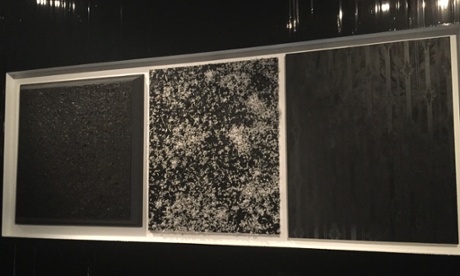 Paintings by Loris Gréaud, Dan Colen, and Rudolf Stingel hung side by side.