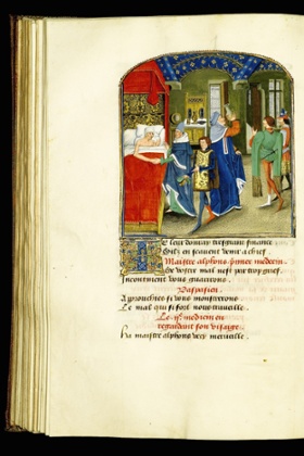 A page from the illuminated manuscript of the play The Mystere de la Vengeance, by Eustache Marcade.