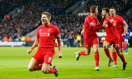 Steven Gerrard celebrates after scoring his team's second goal.