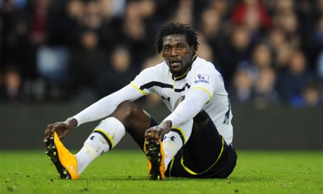 Editorial use only. No merchandising. For Football images FA and Premier League restrictions apply inc. no internet/mobile usage without FAPL license - for details contact Football Dataco Mandatory Credit: Photo by Joe Toth/BPI/REX (4230704m) Emmanuel Adebayor of Tottenham Hotspur looks dejected after failing to score Barclays Premier League 2014/15 Aston Villa v Tottenham Hotspur Villa Park, Birmingham, United Kingdom - 2 Nov 2014 BARCLAYSPREMIERLEAGUE2014/15ASTONVILLAVTOTTENHAMHOTSPURPARKBIRMINGHAMUNITEDKINGDOM2NOV2014EMMANUELADEBAYORLOOKSDEJECTEDAFTERFAILINGSCORESportPersonality25742667