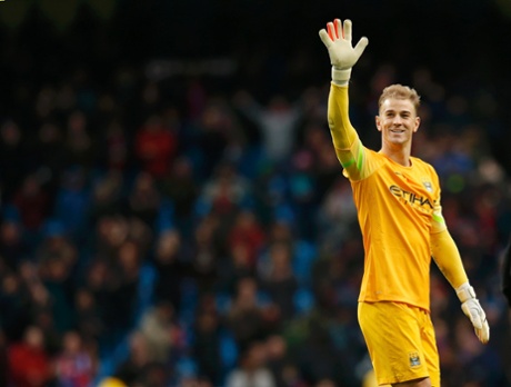 Manchester City's Joe Hart looks happy that City have got another 3 points in the bag and keep up the pressure on Chelsea.