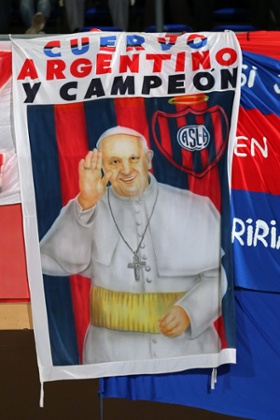 17 Dec 2014, Marrakech, Morocco --- Fans display banners in support of San Lorenzo including one of The Pope, Pope Francis --- Image by   Matthew Ashton/AMA/AMA/CorbisAfricaMaghrebMarrakechMarrakech ProvinceMarrakech-Tensift-El Haouz RegionMoroccoNorthern Africasoccersports