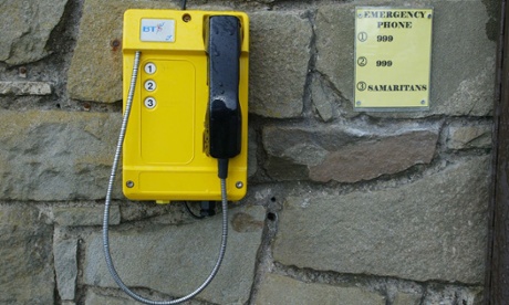 A phone link set up by Samaritans in a car park near cliffs in Bridgend, South Wales.