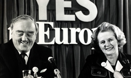 Margaret Thatcher, the Conservative leader, and her deputy, Willie Whitelaw, campaigning for a yes vote during the 1975 referendum on staying in the EEC.