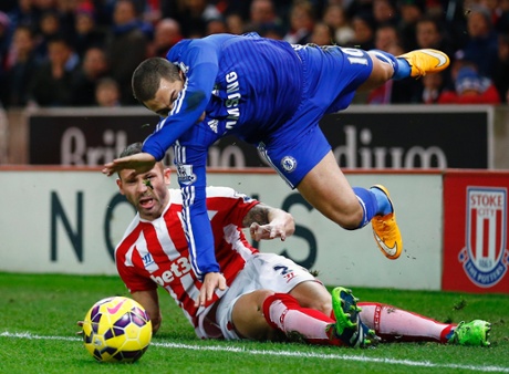 Phillip Bardsley takes out Eden Hazard and is subsequently booked.