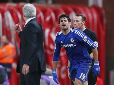 Diego Costa remonstrates with Mark Hughes.