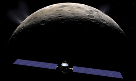 An artist's interpretation of the Dawn spacecraft entering orbit around the dwarf planet Ceres.