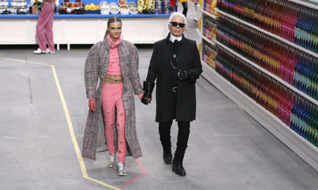 Karl Lagerfeld and Cara Delevingne at the end of Chanel 2014/2015 Autumn/Winter ready-to-wear collection fashion show.